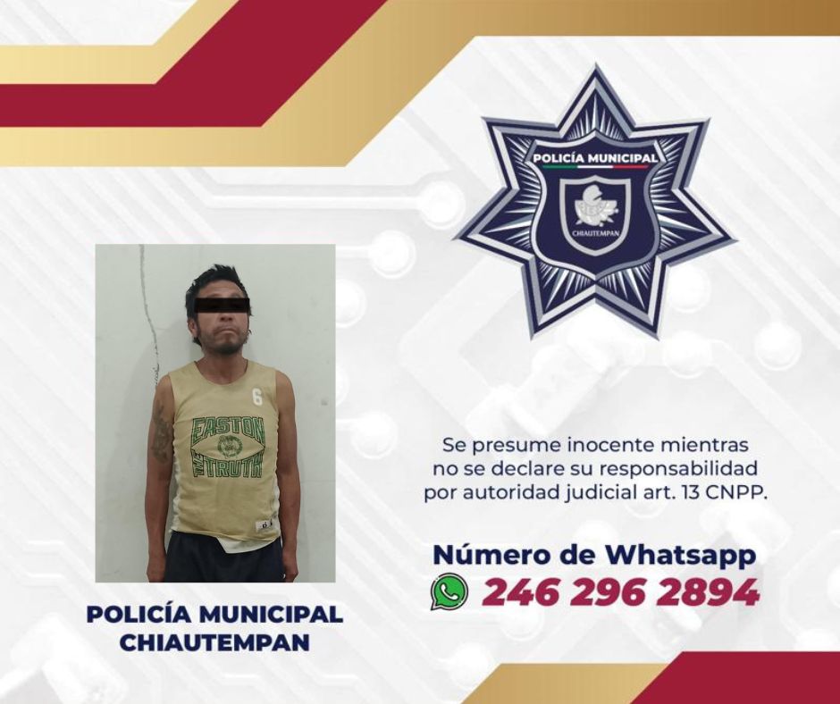 Detiene Policía de Chiautempan a sujeto por posesión de enervantes y de objeto óptimo para agredir